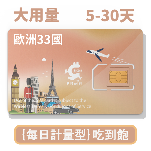 pigwifi - 歐洲33國 每日計量型吃到飽 4G上網SIM卡 ( 5-30天 )