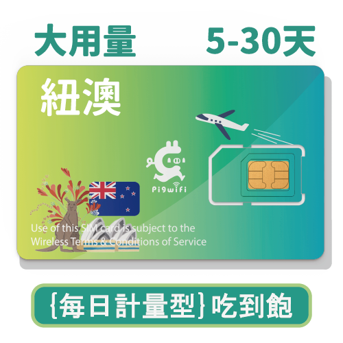pigwifi-澳洲、紐西蘭  每日計量型 吃到飽4Gᴸᵀᴱ上網SIM卡 ( 5~30天)